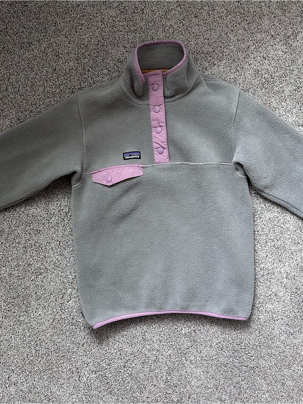 Patagonia Kids Gray Fleece Pullover with Pink Trim